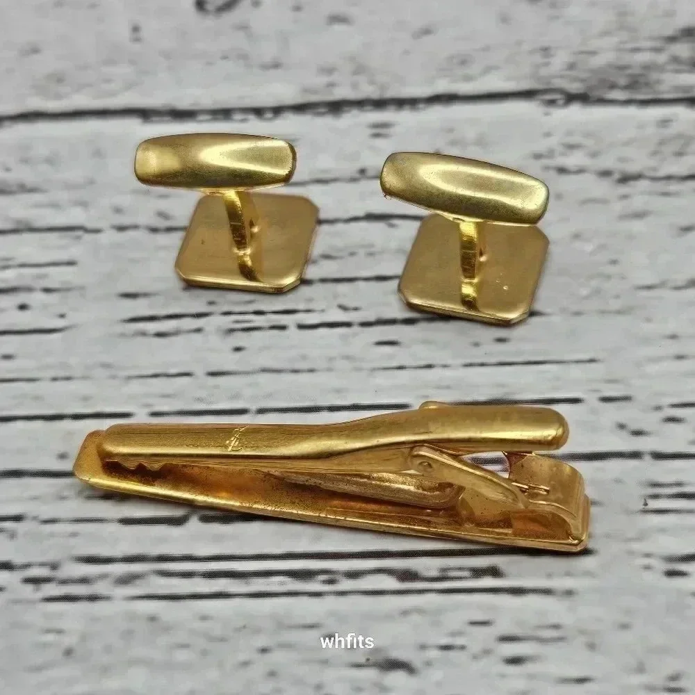 Yves Saint Laurent Gold and Matte Grey Tone Cufflinks and Tie Bar Set Vintage